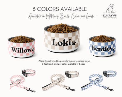 Personalised Pet Dog Bowl and Cat Feeder - Checkered Blue - TLC Paws