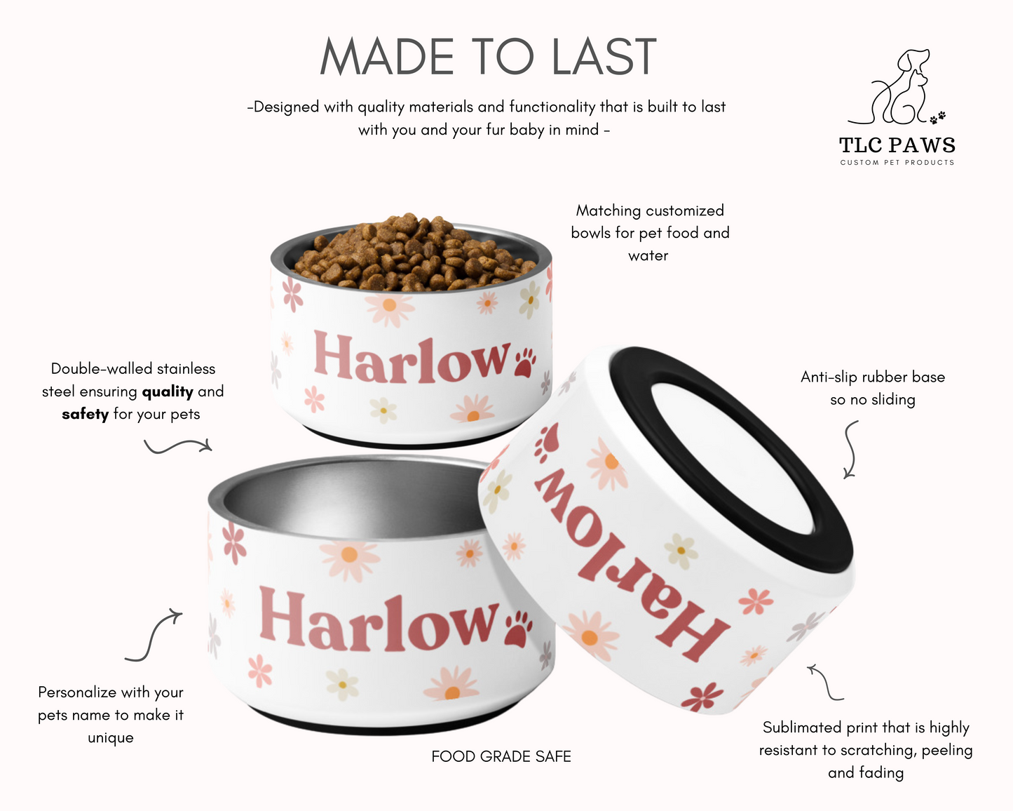 Personalised Pet Dog Bowl and Cat Feeder - Retro Floral - TLC Paws