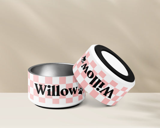 Personalized Pet Dog Bowl and Cat Feeder - Checkered Pink - TLC Paws