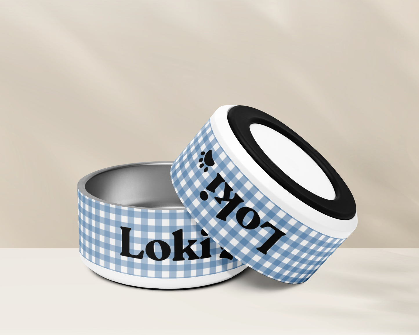 Personalized Dog Bowl and Cat Feeder - Gingham Blue - TLC Paws