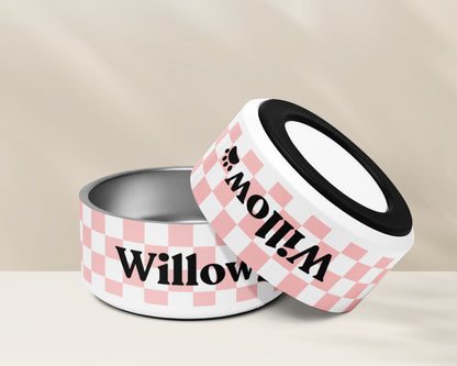 Personalized Pet Dog Bowl and Cat Feeder - Checkered Pink - TLC Paws