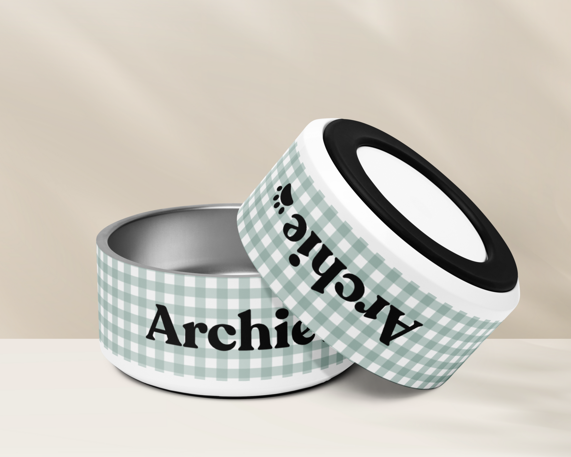 Personalized Dog Bowl and Cat Feeder - Gingham Sage - TLC Paws