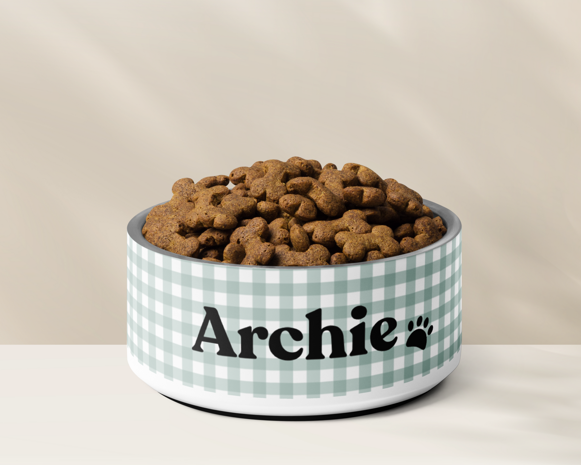 Personalized Dog Bowl and Cat Feeder - Gingham Sage - TLC Paws