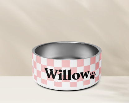 Personalized Pet Dog Bowl and Cat Feeder - Checkered Pink - TLC Paws