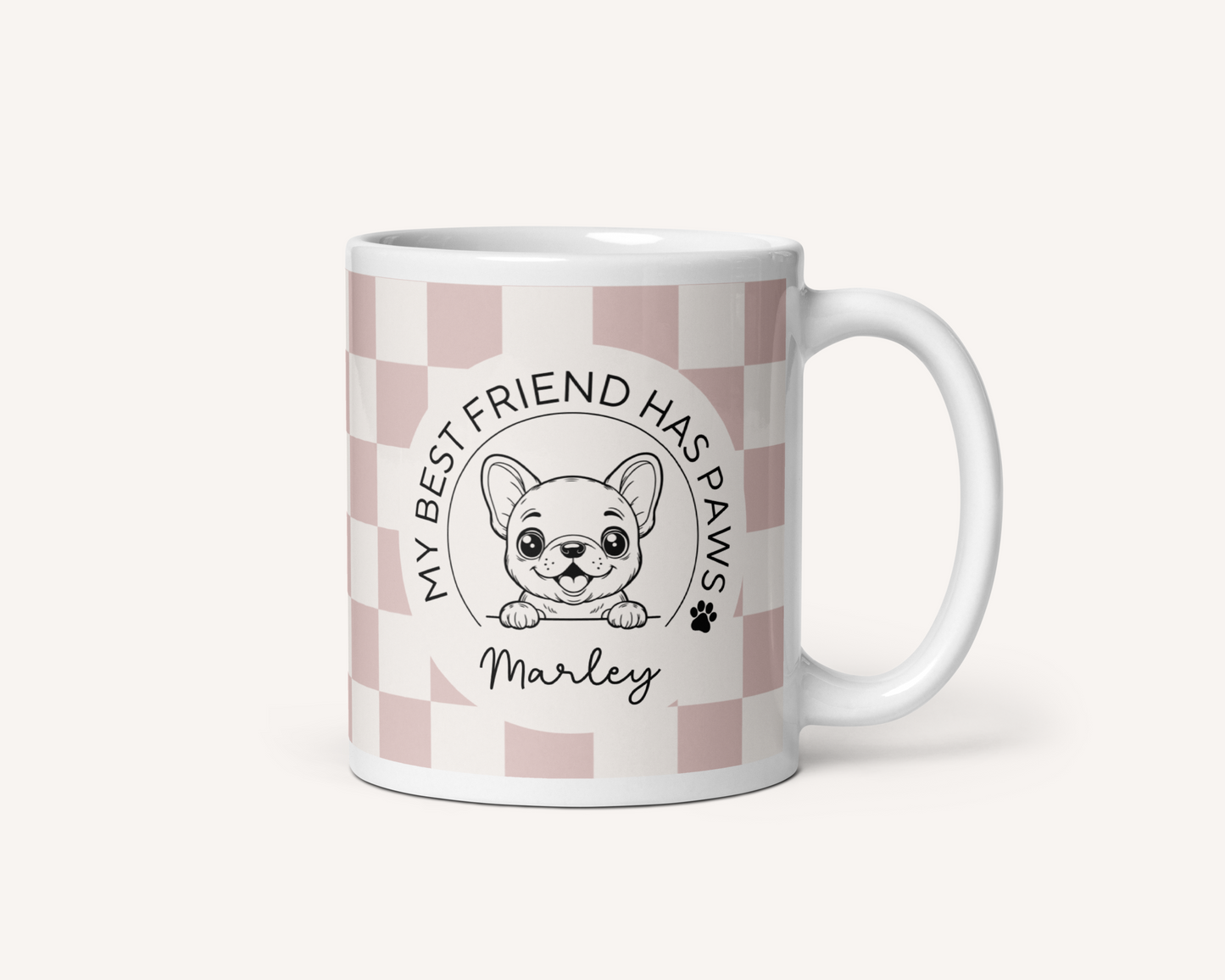 Personalised French Bulldog Best Friend Mug - Checkered Dusty Pink - TLC Paws