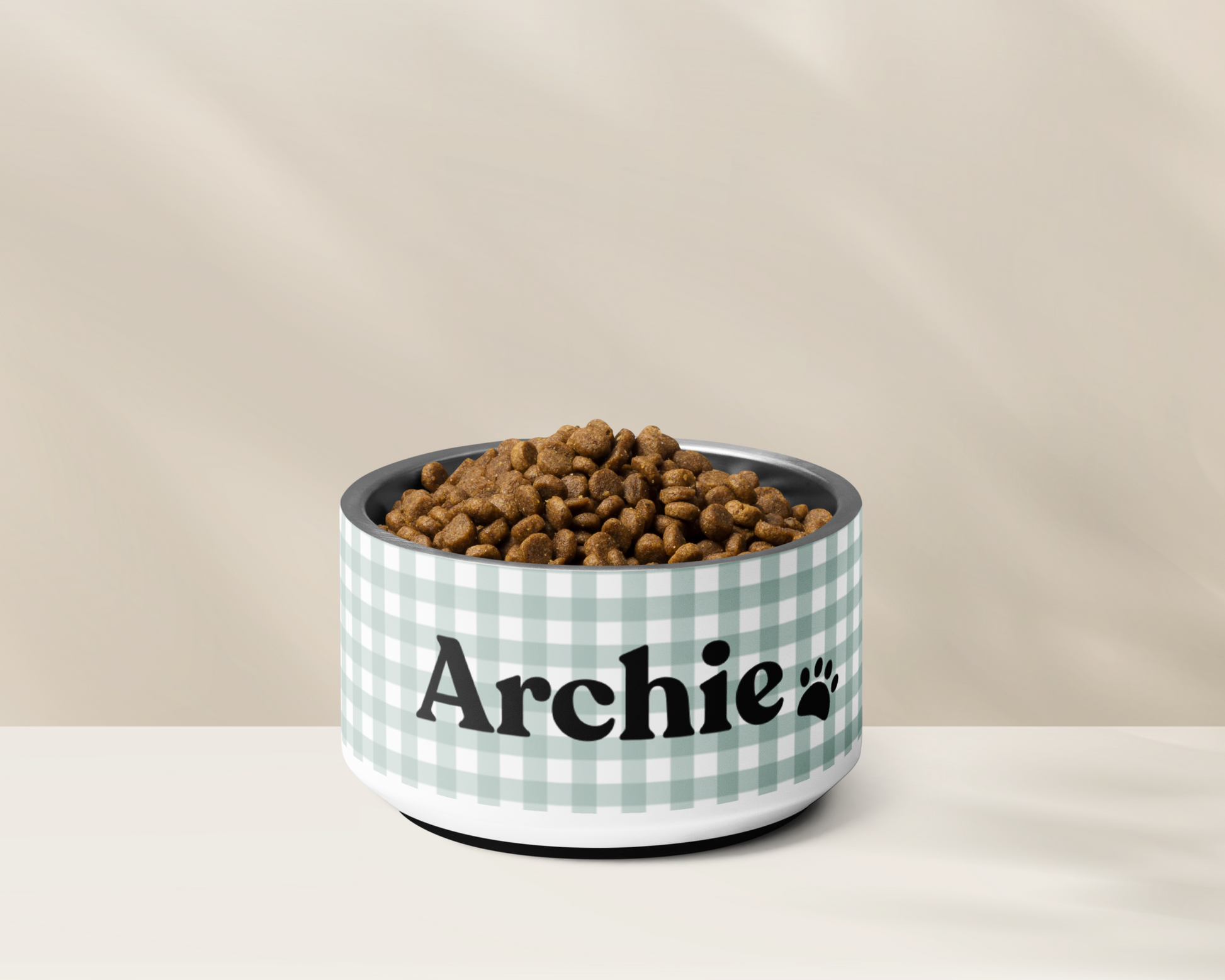 Personalized Dog Bowl and Cat Feeder - Gingham Sage - TLC Paws