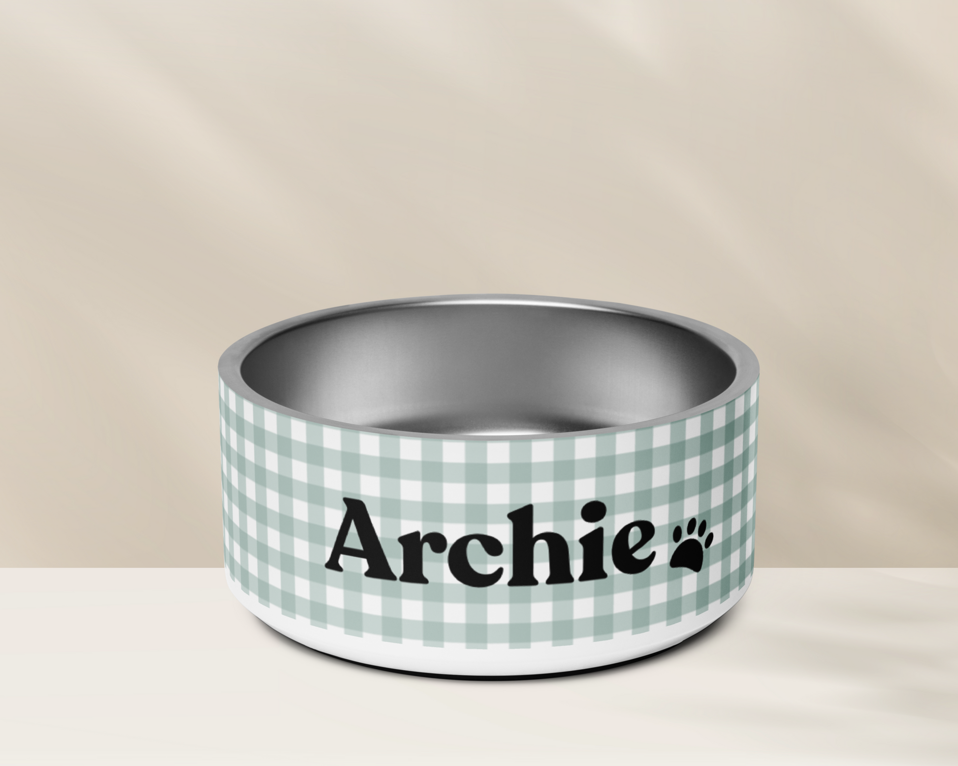 Personalized Dog Bowl and Cat Feeder - Gingham Sage - TLC Paws