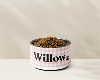 Personalized Dog Bowl and Cat Feeder - Gingham Pink - TLC Paws