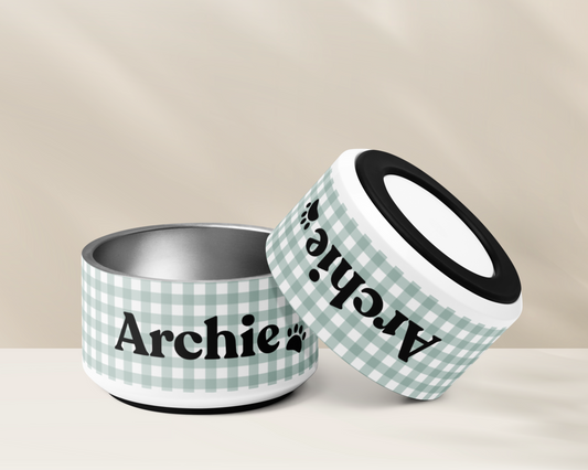 Personalized Dog Bowl and Cat Feeder - Gingham Sage - TLC Paws