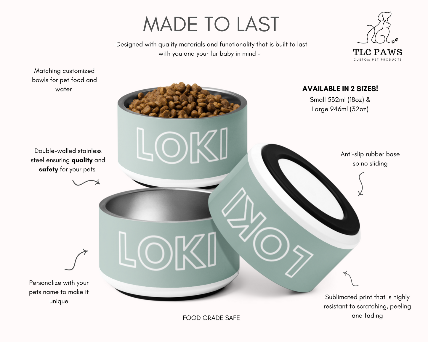 Personalised Dog Bowl and Cat Feeder - Sage - TLC Paws