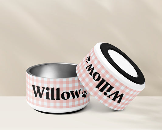 Personalized Dog Bowl and Cat Feeder - Gingham Pink - TLC Paws