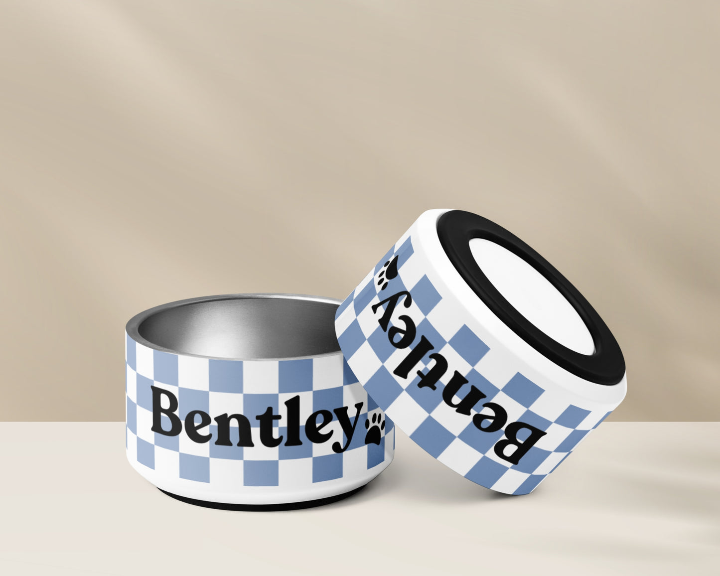 Personalised Pet Dog Bowl and Cat Feeder - Checkered Blue - TLC Paws