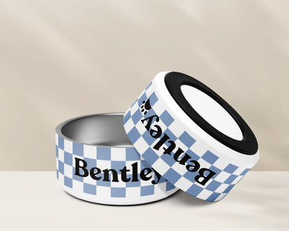 Personalised Pet Dog Bowl and Cat Feeder - Checkered Blue - TLC Paws