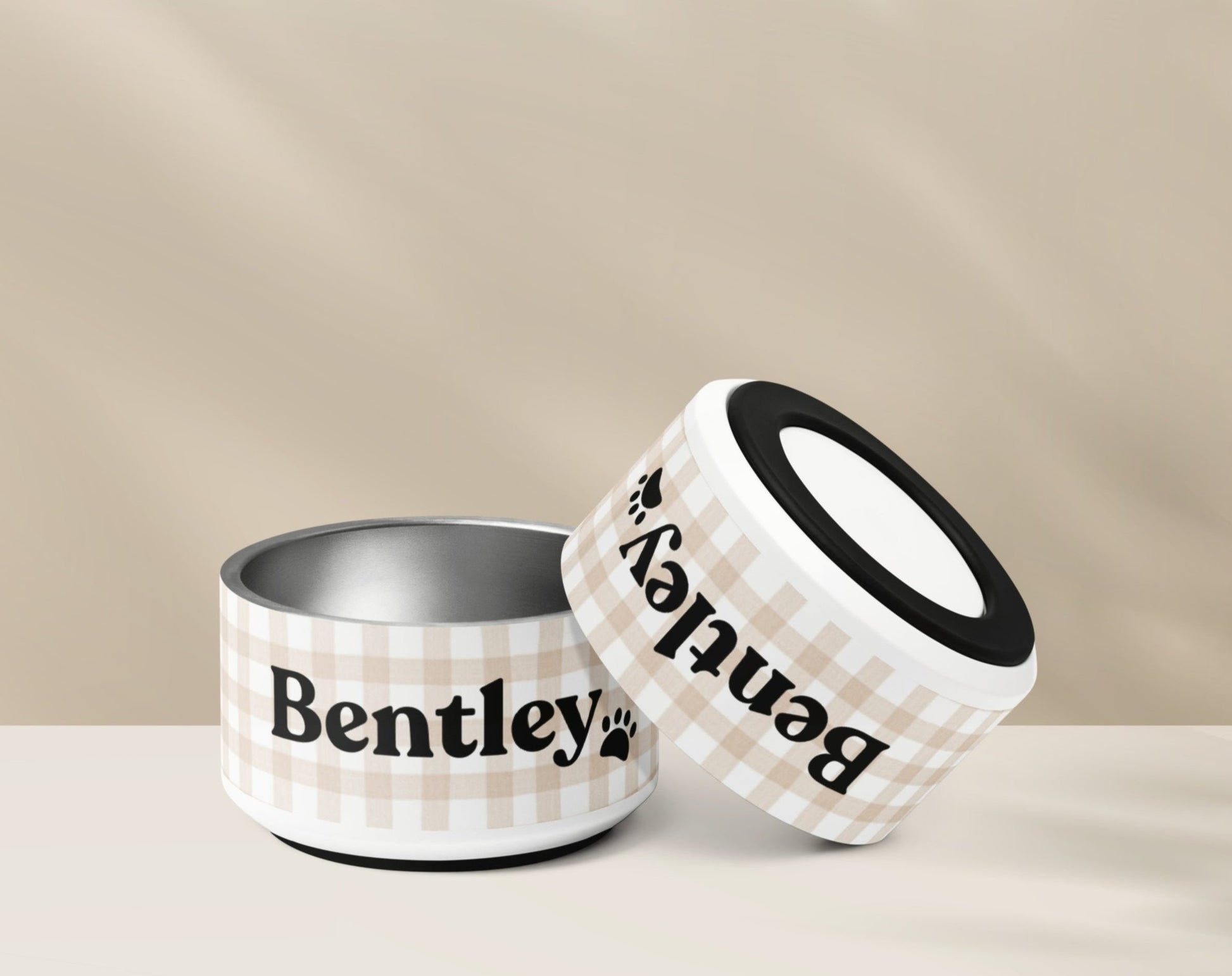 Personalized Dog Bowl and Cat Feeder - Gingham Sand - TLC Paws