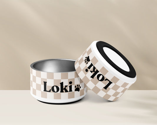 Personalised Pet Dog Bowl and Cat Feeder - Checkered Sand - TLC Paws