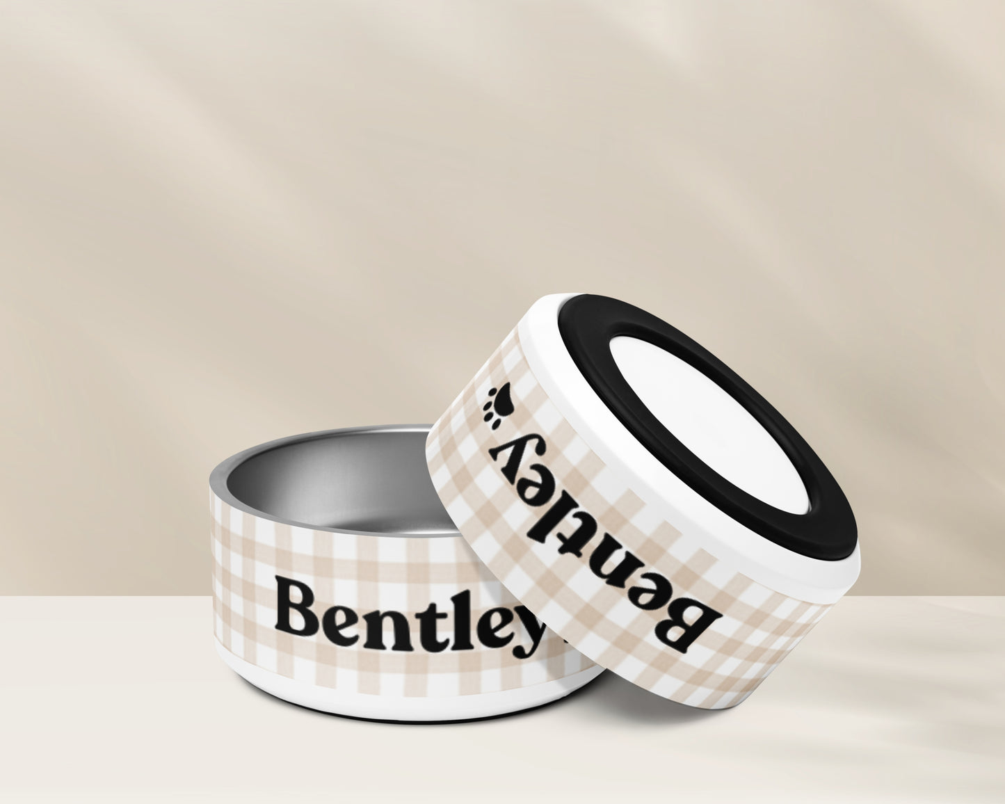 Personalized Dog Bowl and Cat Feeder - Gingham Sand - TLC Paws