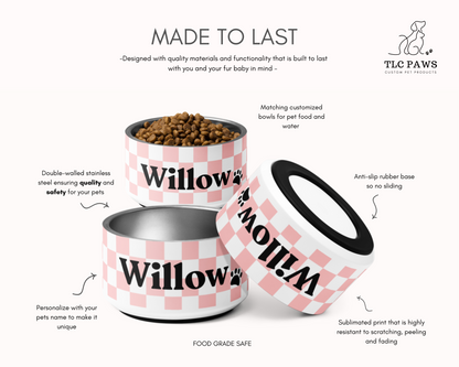 Personalized Pet Dog Bowl and Cat Feeder - Checkered Pink - TLC Paws