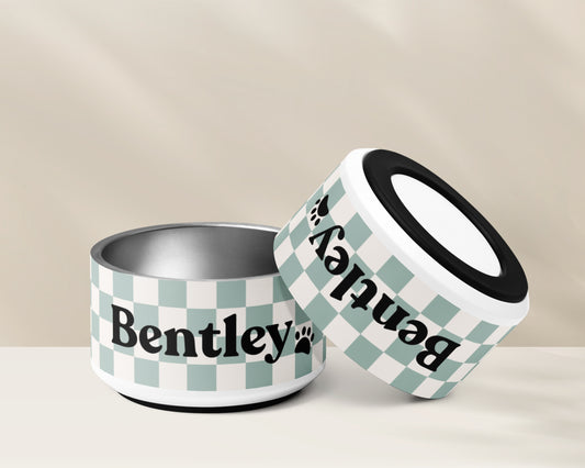 Personalised Pet Dog Bowl and Cat Feeder - Checkered Sage - TLC Paws