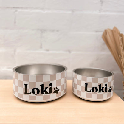 Personalised Dog Bowl and Cat Feeder - Checkered Sand - TLC Paws