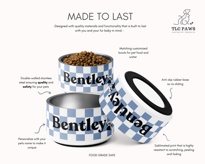 Personalised Pet Dog Bowl and Cat Feeder - Checkered Blue - TLC Paws
