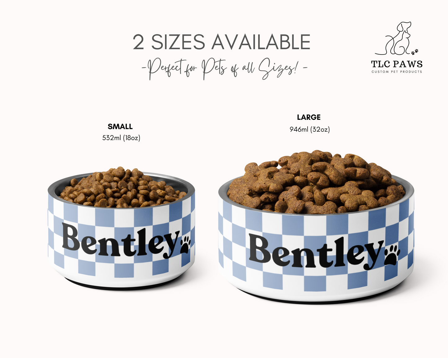 Personalised Pet Dog Bowl and Cat Feeder - Checkered Blue - TLC Paws