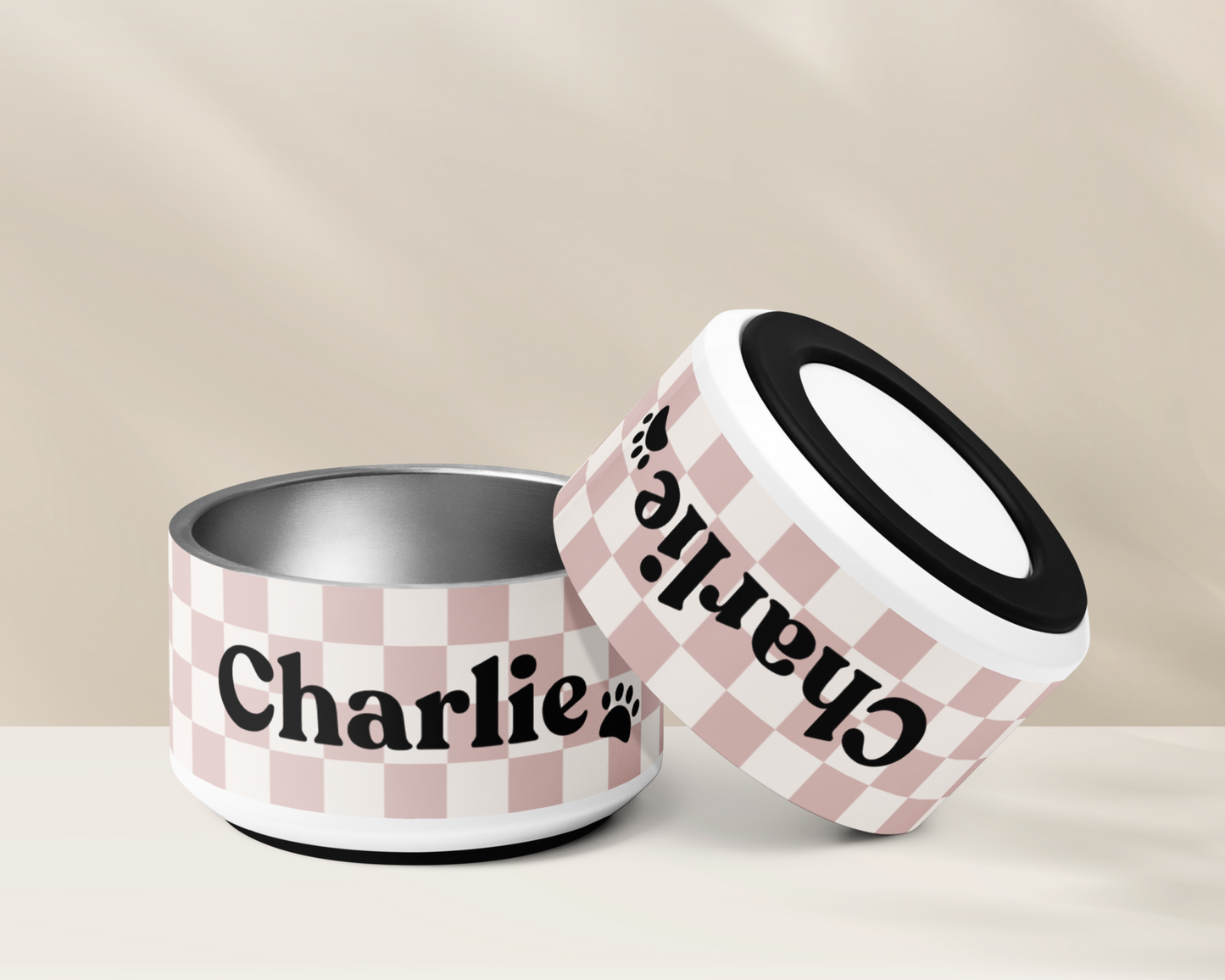 Personalised Pet Dog Bowl and Cat Feeder - Checkered Dusty Pink - TLC Paws