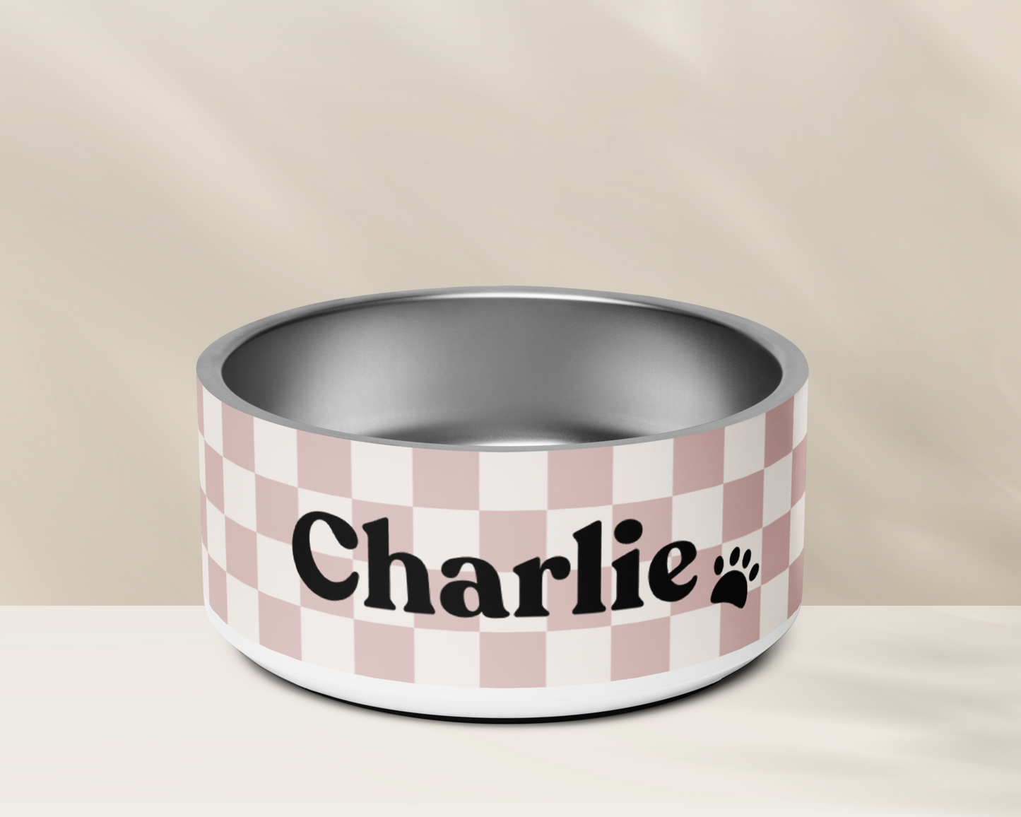 Personalised Pet Dog Bowl and Cat Feeder - Checkered Dusty Pink - TLC Paws