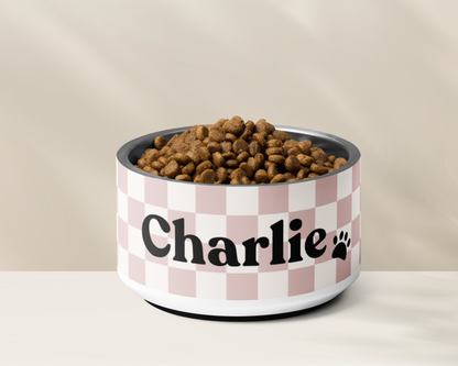 Personalised Pet Dog Bowl and Cat Feeder - Checkered Dusty Pink - TLC Paws