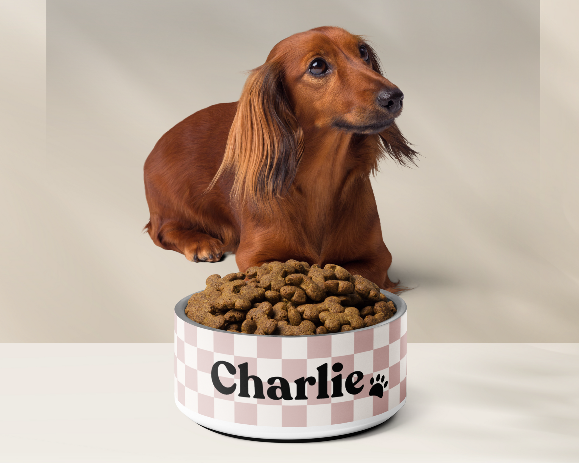 Personalised Pet Dog Bowl and Cat Feeder - Checkered Dusty Pink - TLC Paws