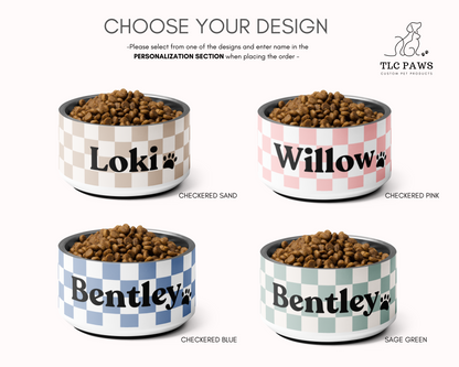 Personalized Pet Dog Bowl and Cat Feeder - Checkered Pink - TLC Paws