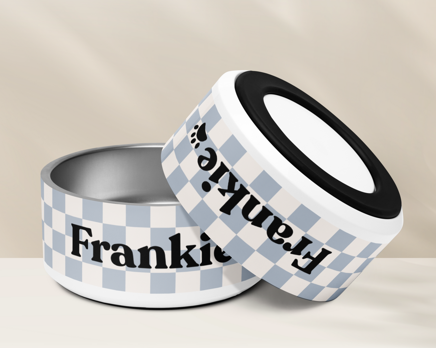 Personalised Pet Dog Bowl and Cat Feeder - Checkered Powder Blue - TLC Paws