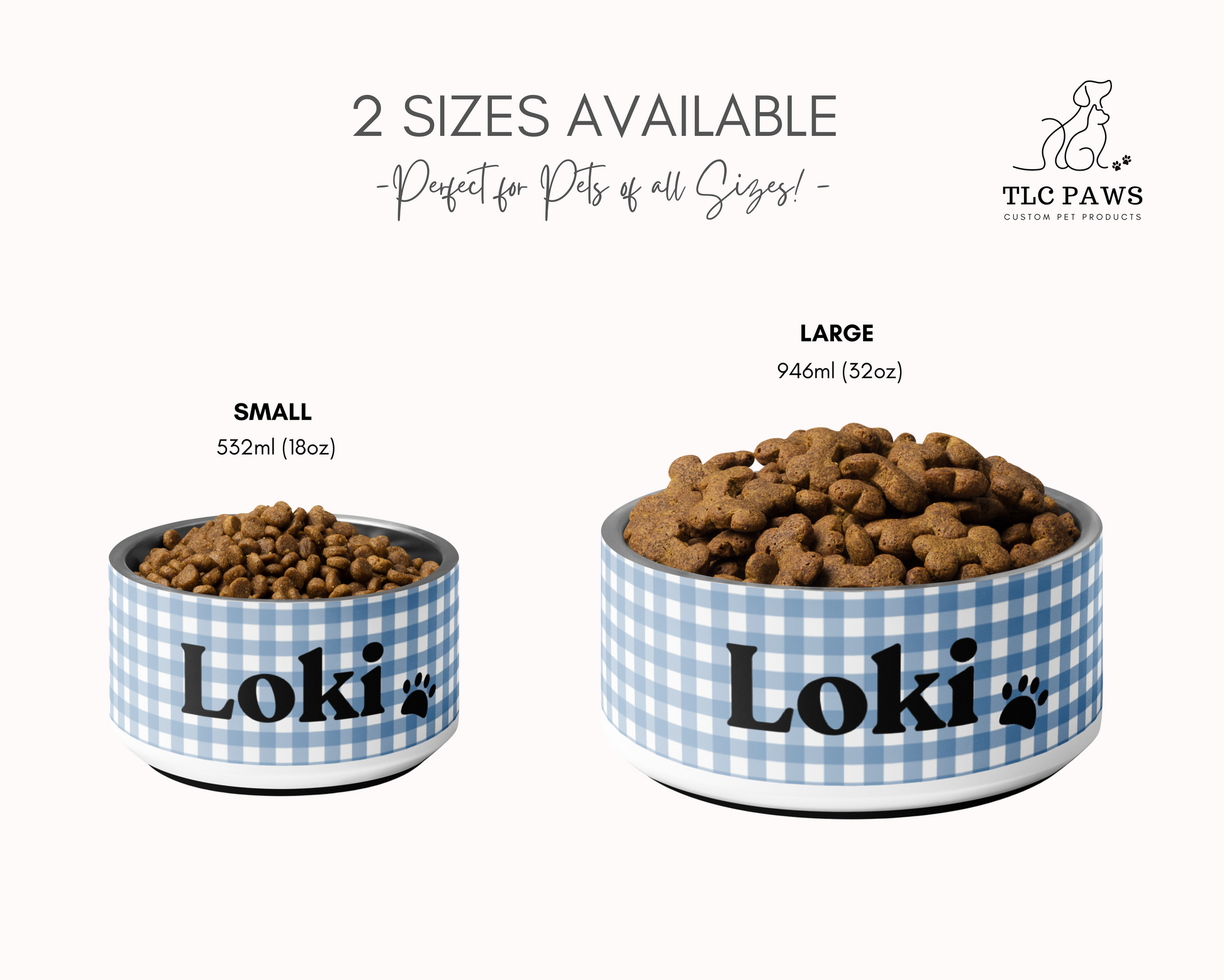 Personalized Dog Bowl and Cat Feeder - Gingham Blue - TLC Paws