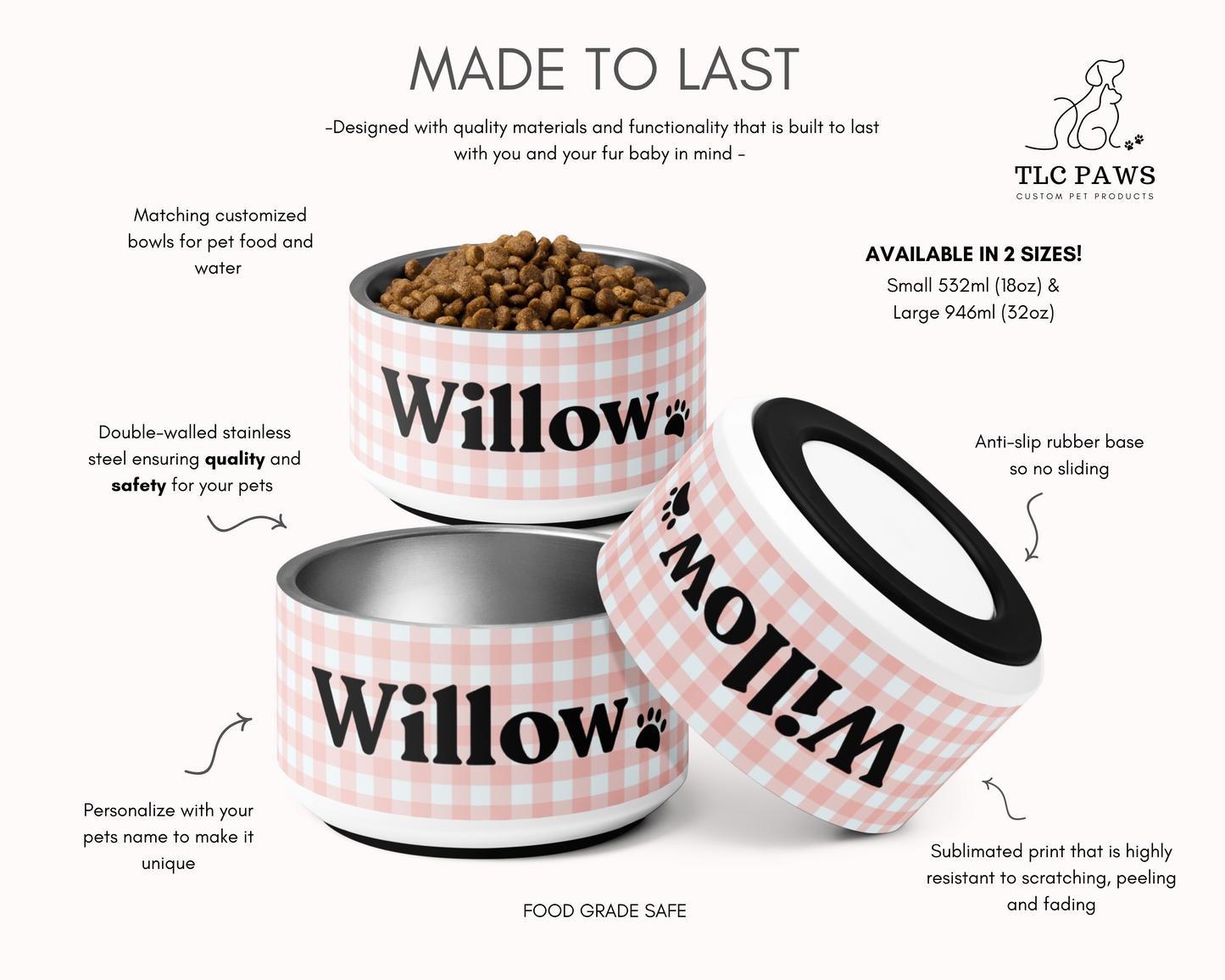 Personalized Dog Bowl and Cat Feeder - Gingham Pink - TLC Paws