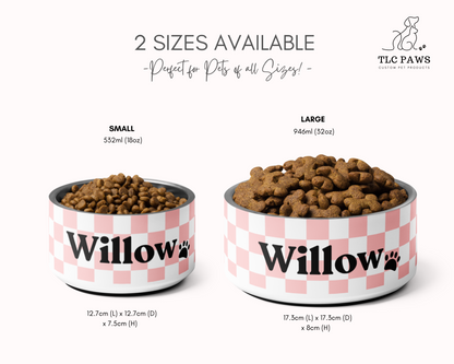 Personalized Pet Dog Bowl and Cat Feeder - Checkered Pink - TLC Paws