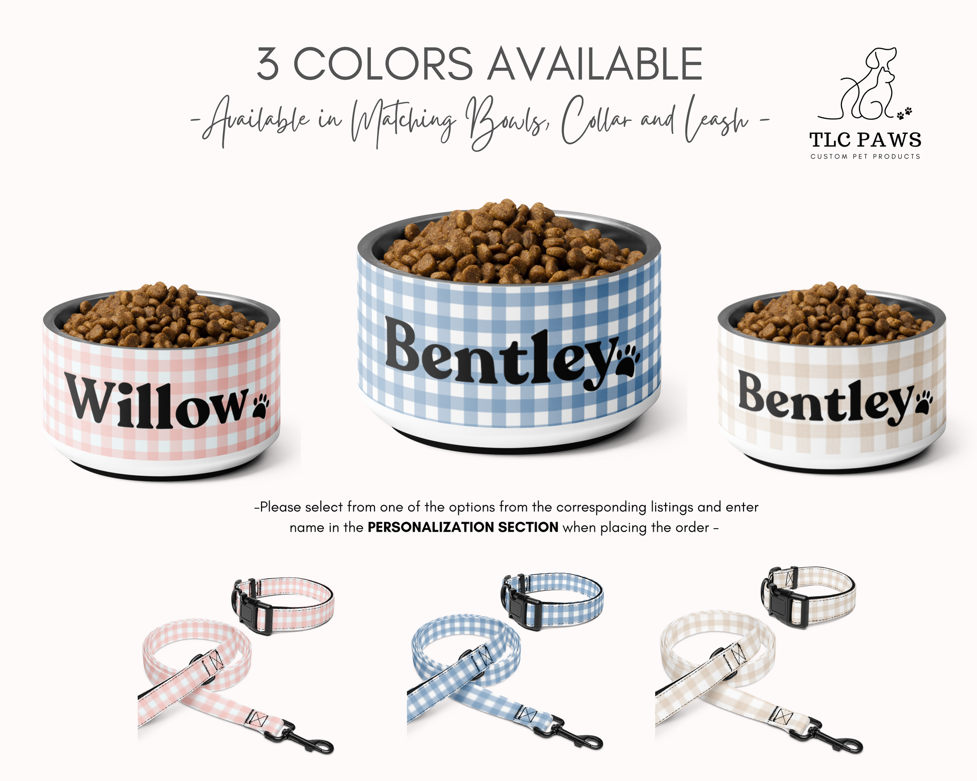 Personalized Dog Bowl and Cat Feeder - Gingham Sand - TLC Paws