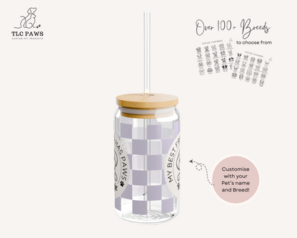 Custom Dog Glass Tumbler with Bamboo Lid and Straw - Checkered Lilac - TLC Paws