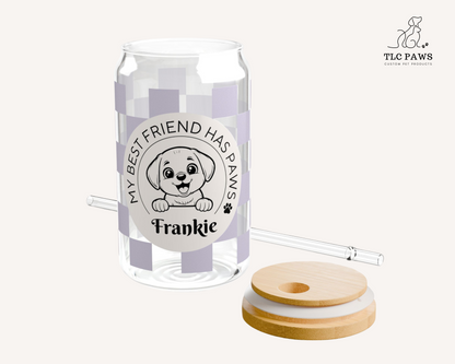 Custom Dog Glass Tumbler with Bamboo Lid and Straw - Checkered Lilac - TLC Paws