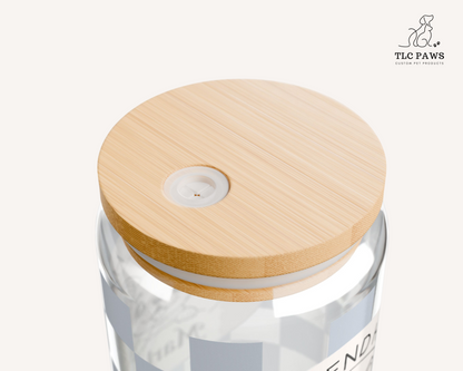 Custom Bulldog Glass Tumbler with Bamboo Lid and Straw - Checkered Powder Blue - TLC Paws