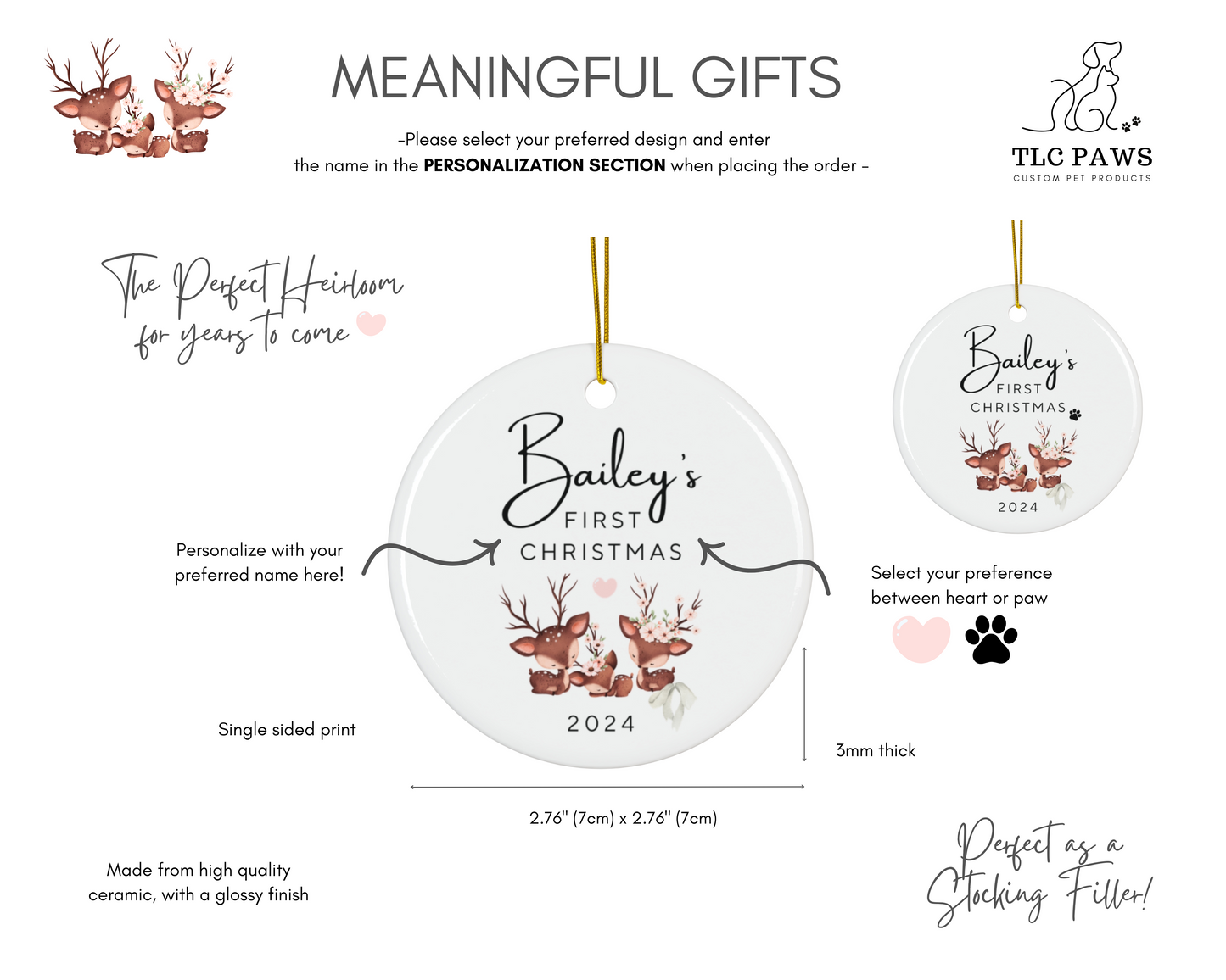 Personalised Pet & Baby's First Christmas Ornament - Heart - TLC Paws