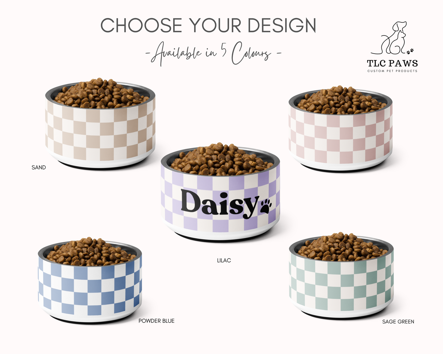 CHECKERED LILAC PERSONALISED PET BOWLS SMALL