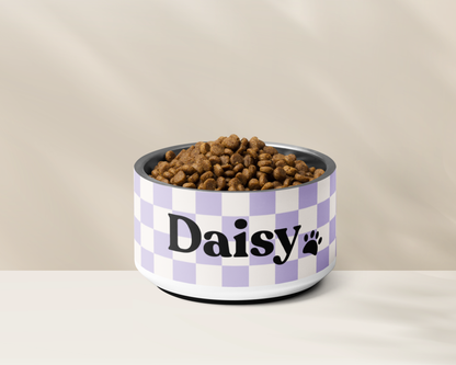 CHECKERED LILAC PERSONALISED PET BOWLS SMALL
