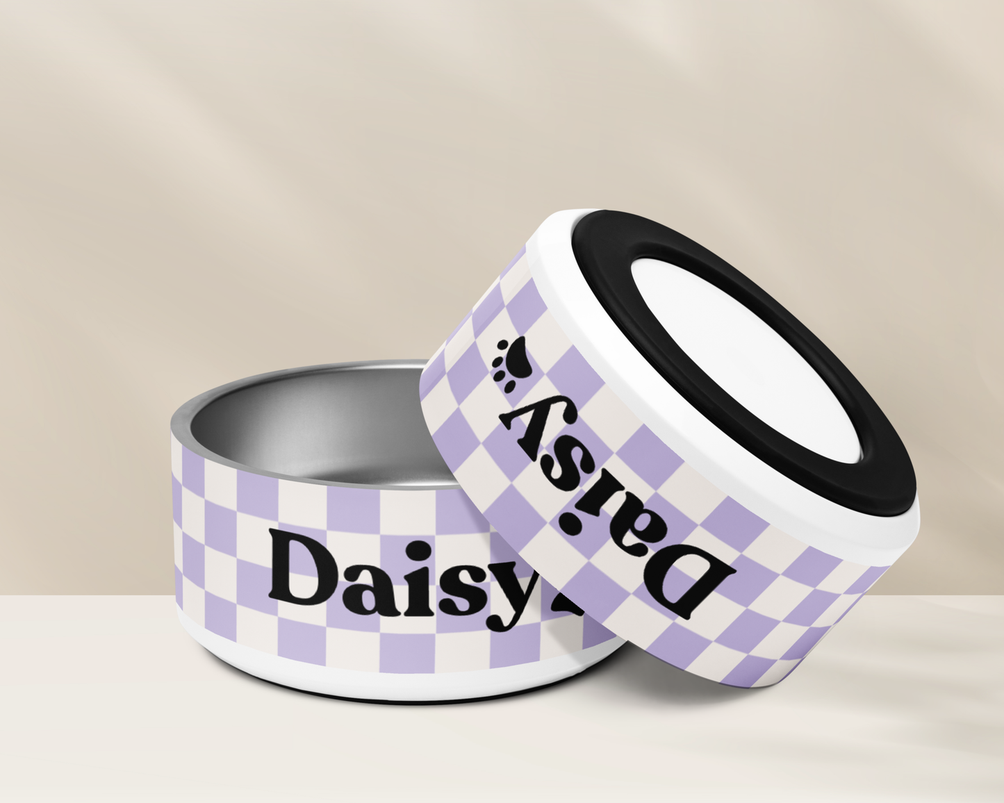 CHECKERED LILAC PERSONALISED PET BOWLS SMALL