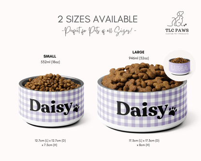 Personalised Dog Bowl - Stainless Steel Food and Water Bowl Gingham Lilac