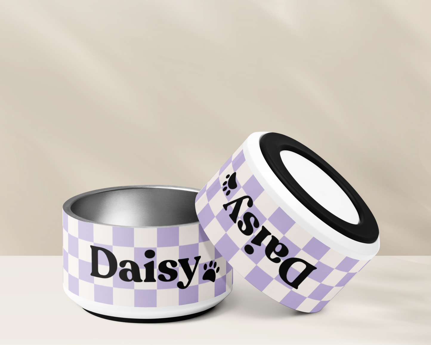 CHECKERED LILAC PERSONALISED PET BOWLS SMALL