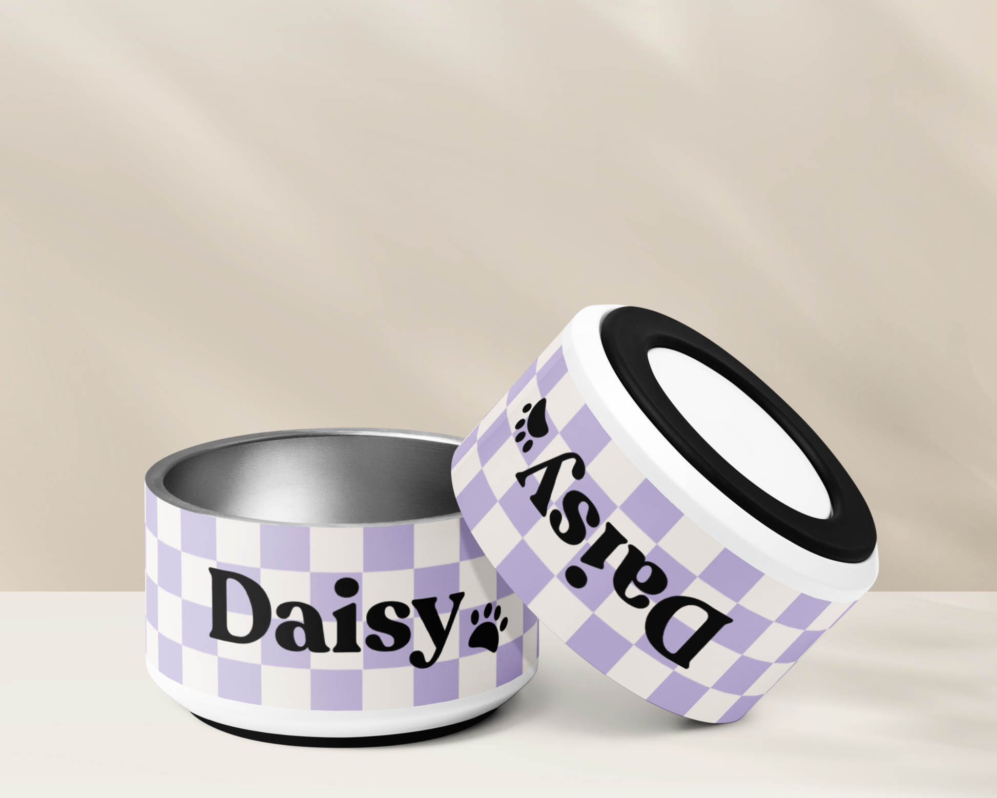 CHECKERED LILAC PERSONALISED PET BOWLS SMALL