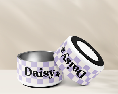 CHECKERED LILAC PERSONALISED PET BOWLS SMALL