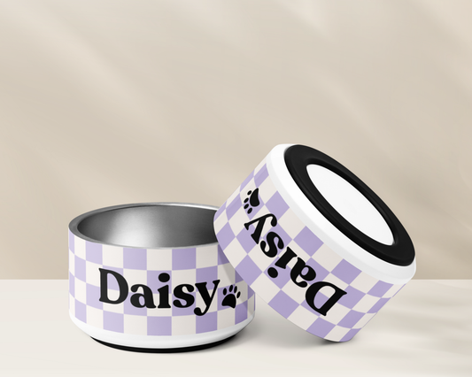 CHECKERED LILAC PERSONALISED PET BOWLS SMALL