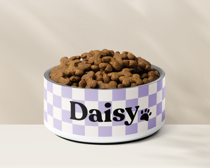 CHECKERED LILAC PERSONALISED PET BOWLS SMALL