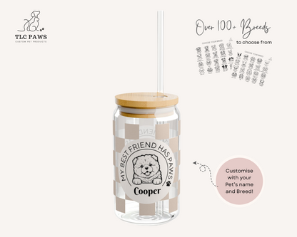 Custom Chow Chow Glass Tumbler with Bamboo Lid and Straw - Checkered Sand - TLC Paws