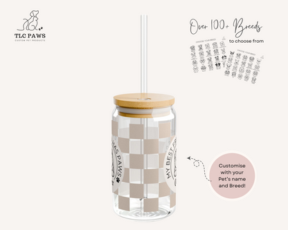 Custom Chow Chow Glass Tumbler with Bamboo Lid and Straw - Checkered Sand - TLC Paws